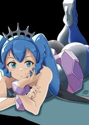 Rule 34 | 1girl, ass, automatic giraffe, black background, blue eyes, blue hair, creatures (company), game freak, hatsune miku, high heels, highres, long hair, looking at viewer, lying, nintendo, on stomach, poke ball, pokemon, project voltage, rock miku (project voltage), signature, vocaloid