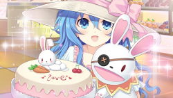 Rule 34 | 1girl, aqua eyes, aqua hair, blue eyes, rabbit, cake, carrot, cherry, curly hair, date a live, diffraction spikes, eyebrows visible through hat, eyepatch, food, food writing, frills, fruit, hat, long hair, looking at viewer, open mouth, puppet, smile, tsunako, upper body, yoshino (date a live), yoshinon