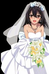 Rule 34 | 10s, 1girl, :d, black hair, blush, bouquet, breasts, bridal veil, brown eyes, cleavage, collarbone, dress, earrings, elbow gloves, flower, gloves, hair between eyes, himeragi yukina, holding, holding bouquet, jewelry, long hair, looking at viewer, medium breasts, necklace, open mouth, sleeveless, sleeveless dress, smile, solo, standing, strapless, strapless dress, strike the blood, transparent background, veil, wedding dress, white dress, white flower