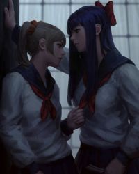 Rule 34 | 10s, 2girls, absurdres, blonde hair, bow, breasts, ears visible through hair, fingernails, guweiz, hair bow, highres, ilya kuvshinov (style), kabedon, long hair, looking at another, multiple girls, photo-referenced, pipimi, poptepipic, popuko, purple hair, realistic, red bow, school uniform, standing, window