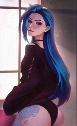 Rule 34 | 1girl, animated, animated gif, artist request, ass, black choker, blue hair, choker, flower tattoo, from behind, jewelry, jinx (league of legends), leg tattoo, naughty face, necklace, non-web source, red eyes, smile, solo focus, sweater, tattoo