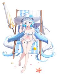 Rule 34 | 1girl, absurdly long hair, absurdres, ahoge, bare legs, bare shoulders, barefoot, beach chair, bikini, blue eyes, blue hair, blue nails, breasts, choker, detached sleeves, flower, frilled bikini, frills, furina (genshin impact), genshin impact, hairband, hand up, hat, hat flower, heart, heart ahoge, heterochromia, highres, large hat, long hair, looking at viewer, mismatched pupils, multicolored hair, nail polish, navel, open mouth, rose, rubber duck, scrunchie, see-through, sitting, skindentation, small breasts, smile, solo, stomach, streaked hair, sun hat, swimsuit, thigh strap, thighs, toenail polish, toenails, two-tone hair, umbrella, very long hair, wet, white bikini, white choker, white hair, white headwear, wrist scrunchie, yuri (chocho q)