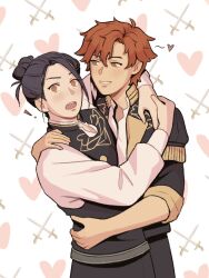 Rule 34 | 2boys, bagettues, black hair, black jacket, brown eyes, felix hugo fraldarius, fire emblem, fire emblem: three houses, garreg mach monastery uniform, heart, highres, hug, jacket, looking at another, looking at viewer, multiple boys, nintendo, red hair, smile, sylvain jose gautier, yaoi