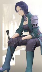 Rule 34 | 1girl, absurdres, armor, arrow (projectile), black gloves, blue footwear, blue hair, boots, breasts, choker, cleavage, cropped jacket, expressionless, fire emblem, fire emblem: three houses, furo atsushi, gloves, high heel boots, high heels, highres, indoors, knee pads, lips, looking at viewer, medium breasts, nintendo, parted bangs, purple eyes, shamir nevrand, shirt, short hair, shoulder armor, sitting, sleeves rolled up, solo
