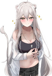 Rule 34 | 1girl, ahoge, animal ears, black bra, black eyes, black nails, black shorts, blush, bra, breasts, cleavage, closed mouth, commentary, cowboy shot, dog tags, double-parted bangs, ear piercing, grey hair, hair between eyes, highres, hololive, jewelry, large breasts, lion ears, lion girl, lion tail, long hair, looking at viewer, nail polish, navel, necklace, nerorigogo, off shoulder, official alternate costume, open clothes, open shirt, own hands clasped, own hands together, piercing, shirt, shishiro botan, shishiro botan (button-down), short shorts, shorts, simple background, smile, solo, sparkle, sparkling eyes, sports bra, standing, stomach, tail, underwear, virtual youtuber, white background, white shirt