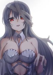 Rule 34 | 1girl, absurdres, alternate costume, arm up, ash arms, bandaged head, bandages, bare shoulders, breasts, cleavage, detached collar, dress, grey hair, halloween, happy halloween, highres, kv-1 (ash arms), large breasts, long hair, looking at viewer, macro shiosaki, open mouth, red eyes, solo, upper body, white background, white dress