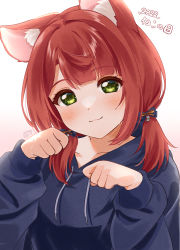 Rule 34 | 1girl, a chamaru5, absurdres, animal ears, blunt bangs, blush, cat day, cat ears, green eyes, highres, hood, hoodie, long sleeves, looking at viewer, love live!, love live! nijigasaki high school idol club, paw pose, red hair, short twintails, simple background, smile, solo, swept bangs, twintails, uehara ayumu, white background