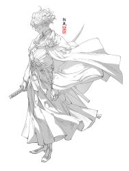 Rule 34 | 1boy, absurdres, armor, arms at sides, boots, bow, bowtie, cloak, closed eyes, closed mouth, commentary, fingernails, floating clothes, floating hair, flower, from side, hakama, highres, ine (zx o4), japanese armor, japanese clothes, kasen kanesada, katana, kimono, male focus, monochrome, profile, reverse grip, sash, scabbard, sheath, short hair, simple background, smile, solo, standing, sword, symbol-only commentary, touken ranbu, unsheathed, weapon