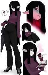 Rule 34 | 1girl, ?, absurdres, black eyes, black footwear, black hair, black pants, book, colored skin, cup, english text, highres, holding, holding cup, holding umbrella, justadrian (yoadriandk), licorice (justadrian), long hair, pants, pointy ears, purple sweater, red eyes, shoes, spoken question mark, sweater, umbrella, vampire