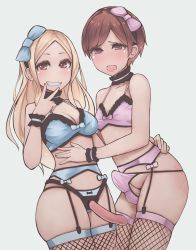 Rule 34 | 1boy, 1girl, blonde hair, blue ribbon, blush, bra, breasts, brown eyes, brown hair, bulge, cleavage, crossdressing, dildo, erection, erection under clothes, fishnet thighhighs, fishnets, garter straps, grin, hair ribbon, highres, kikiu bd, lingerie, long hair, looking at viewer, open mouth, penis, penis peek, ribbon, sex toy, short hair, simple background, smile, standing, strap-on, tears, thighhighs, trap, underwear, v