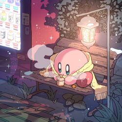 Rule 34 | :o, bench, blue eyes, blush, blush stickers, bottle, drink, full body, grass, hot drink, kirby, kirby (series), lamppost, leaf, looking down, mutekyan, night, nintendo, no humans, on bench, open mouth, outdoors, pink footwear, plant, scarf, shadow, shoes, sitting, snow, snowing, sparkle, steam, tree, vending machine, yellow scarf