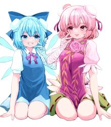 Rule 34 | 2girls, absurdres, ahoge, alternate hairstyle, bandaged arm, bandages, blue bow, blue dress, blue eyes, blue hair, blush, bow, breasts, bun cover, cirno, closed mouth, collared shirt, commentary request, double bun, dress, flower, full body, green skirt, hair bow, hair bun, hair intakes, highres, ibaraki kasen, ice, ice wings, looking at another, mikan (manmarumikan), multiple girls, neck ribbon, open mouth, pinafore dress, pink eyes, pink flower, pink hair, pink rose, red ribbon, ribbon, rose, seiza, shirt, short hair, simple background, sitting, skirt, sleeveless dress, small breasts, smile, tabard, teeth, tongue, tongue out, touhou, white background, white shirt, wings