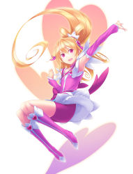 Rule 34 | 1girl, :d, aida mana, armpits, bike shorts, blonde hair, boots, brooch, clothes lift, cure heart, curly hair, detached sleeves, dokidoki! precure, flat chest, hair between eyes, hair ornament, heart, heart brooch, high heel boots, high heels, highres, long hair, nanakusa, open mouth, outstretched arm, pink eyes, pink footwear, ponytail, precure, skirt, skirt lift, smile, solo, very long hair