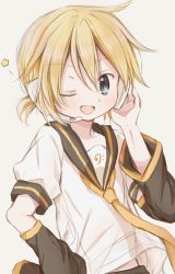 Rule 34 | 1boy, bad id, bad twitter id, bass clef, black collar, blonde hair, blue eyes, blush, collar, commentary, hand on headphones, hand on own hip, hand up, headphones, headset, highres, hitode, kagamine len, light blush, looking at viewer, male focus, midriff peek, necktie, one eye closed, open mouth, sailor collar, school uniform, shirt, short ponytail, short sleeves, sleeves past wrists, smile, star (symbol), vocaloid, white shirt, yellow neckwear