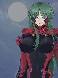 Rule 34 | 1girl, breasts, covered erect nipples, expressionless, eyebrows hidden by hair, fortified suit, ginrei (ginrei ginrei), green eyes, green hair, highres, large breasts, long hair, looking at viewer, moon, muv-luv, muv-luv alternative, muv-luv alternative (anime), night, night sky, pilot suit, skin tight, sky, solo, tsukuyomi mana