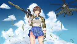 Rule 34 | 1girl, adapted uniform, aircraft, brown hair, camouflage, cloud, commentary, dated, english commentary, gloves, grass, half updo, helicopter, high-explosive anti-tank (warhead), highres, himmelstern, looking at viewer, man-portable anti-tank systems, mi-24, original, pleated skirt, rocket-propelled grenade, rocket (projectile), rocket launcher, rpg, rpg-7, rpg (weapon), signature, skirt, sky, solo, tandem-charge, trigger discipline, twitter username, weapon, wind, wind lift, yellow eyes