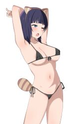 1girl ;o animal_ear_hairband animal_ears areola_slip armpits arms_up asaka_karin bikini black_bikini blue_eyes blunt_bangs blush breasts brown_hairband cleavage collarbone fake_animal_ears front-tie_bikini_top front-tie_top goa1126 hairband highres large_breasts love_live! love_live!_nijigasaki_high_school_idol_club medium_hair micro_bikini mole mole_on_collarbone navel one_eye_closed open_mouth purple_hair raccoon_ears raccoon_tail side-tie_bikini_bottom simple_background solo stomach stretching swimsuit tail tearing_up thighs white_background