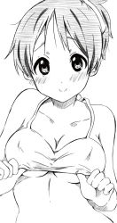 Rule 34 | 1girl, blush, breasts, collarbone, greyscale, hirasawa ui, k-on!, lineart, looking at viewer, medium breasts, monochrome, official style, ponytail, ragho no erika, short hair, smile, solo, undressing