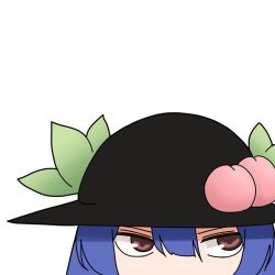 Rule 34 | 1girl, amino (tn7135), bad id, bad pixiv id, blue hair, face, food, fruit, hat, hinanawi tenshi, looking to the side, out of frame, peach, simple background, solo, touhou, white background