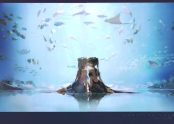 Rule 34 | 2girls, absurdres, animal, anmi, aquarium, bare shoulders, barefoot, black dress, black hair, blue eyes, coral, detached sleeves, dress, fish, full body, hair bun, highres, huge filesize, letterboxed, long hair, looking at viewer, looking back, manta ray, multiple girls, original, parted lips, ponytail, reflection, reflective floor, scan, short sleeves, simple background, single hair bun, sitting, sleeveless, water, white dress