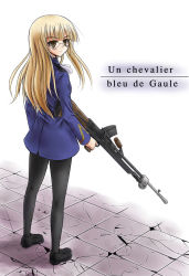 Rule 34 | 1girl, ascot, black footwear, black pantyhose, blonde hair, blush, bren lmg, brown eyes, french text, glasses, gun, highres, holding, holding weapon, kneepits, light machine gun, long hair, looking at viewer, looking back, machine gun, masarou, military, military uniform, pantyhose, perrine h. clostermann, rimless eyewear, shadow, shoes, solo, standing, strike witches, uniform, weapon, world witches series, yellow eyes