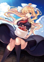 Rule 34 | 1girl, air (visual novel), birthday cake, black dress, black socks, blonde hair, blue eyes, blue sky, blush, bow, breasts, cake, cloud, commentary request, company connection, cross print, dango daikazoku, day, dress, dutch angle, eyelashes, feet out of frame, finger to mouth, floating clothes, floating hair, food, food on face, hair between eyes, hair bow, hand up, highres, kamio misuzu, key (company), kneehighs, knees together feet apart, large breasts, long hair, looking at viewer, necktie, one eye closed, outdoors, ponytail, red necktie, ruri rarako, school uniform, short necktie, sidelocks, sitting, sky, socks, solo, straight-on, very long hair, white bow, wind, wind lift