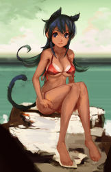 Rule 34 | 1girl, animal ears, barefoot, bikini, bikini pull, bikini tan, breasts, cat ears, cat tail, cleavage, clothes pull, duel masters, highres, large breasts, long hair, md5 mismatch, ocean, pulling own clothes, purple hair, red bikini, sitting, smile, softmode, solo, swimsuit, tail, tan, tanline, tasogare mimi, underboob, undressing
