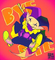Rule 34 | 1boy, black pants, cape, colored tongue, deltarune, gloves, hat, highres, holding, holding knife, jester, jester cap, jevil, knife, pants, purple gloves, purple tongue, teeth, tongue, tongue out, undertale, yellow collar, yellow footwear, yellow teeth, yokaze (xxxdisxxx)