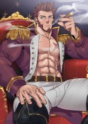 Rule 34 | 1boy, abs, absurdres, armpits, bara, beard, belt, blue eyes, brown hair, bulge, cigar, epaulettes, facial hair, fate/grand order, fate (series), fringe trim, goatee, highres, jacket, large pectorals, long sideburns, long sleeves, looking at viewer, male focus, manly, military, military uniform, muscular, napoleon bonaparte (fate), nipples, open clothes, open jacket, pants, pectorals, scar, sideburns, sitting, smoking, solo, suyohara, thick thighs, thighs, throne, tight clothes, unbuttoned, uniform, upper body, white pants