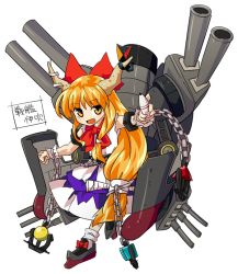 Rule 34 | 10s, 1girl, :d, ammunition, anchor, blonde hair, blush, bow, brown eyes, brown hair, byourou, cannon, chain, fang, hair bow, hair ornament, hair ribbon, horn ornament, horn ribbon, horns, ibuki suika, kantai collection, long hair, looking at viewer, machinery, mecha musume, open mouth, pointing, pointing at viewer, ribbon, smile, solo, torpedo, touhou, turret, very long hair, yellow eyes