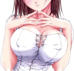 Rule 34 | 1girl, blush, breasts, brown hair, cleavage, embarrassed, covered erect nipples, head out of frame, jpeg artifacts, large breasts, nanno koto, original, solo