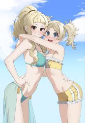 Rule 34 | 2girls, :d, alternate costume, asymmetrical docking, bikini, bikini shorts, blonde hair, blue bikini, blue eyes, blue sarong, blue sky, blunt bangs, blush, breast press, breasts, brown eyes, clair (fire emblem), cleavage, cloud, commentary, fire emblem, fire emblem awakening, frilled shorts, frills, from side, groin, hand on another&#039;s back, hand on own thigh, high ponytail, highres, hug, leaning forward, lissa (fire emblem), long hair, looking at viewer, medium breasts, multiple girls, navel, nintendo, open mouth, oppaihobby, outdoors, parted bangs, sarong, see-through, see-through sarong, shorts, sidelocks, sky, small breasts, smile, standing, swimsuit, tassel, twintails, yellow bikini, yellow shorts, yuri