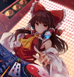 Rule 34 | 1girl, ascot, audio visualizer, bow, brown hair, closed mouth, collared shirt, detached sleeves, dj, dutch angle, hair bow, hair tubes, hakurei reimu, headphones, highres, indoors, long hair, midori (misuriru8), mixing console, nontraditional miko, orb, red bow, red eyes, red shirt, shirt, smile, solo, touhou, upper body, wide sleeves, yellow ascot, yin yang, yin yang orb