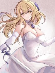 Rule 34 | 1girl, absurdres, blonde hair, breasts, character request, cleavage, commentary, commission, copyright request, dress, elbow gloves, english commentary, gloves, hair ribbon, highres, holding, holding sword, holding weapon, large breasts, long hair, orchid (orukido), purple ribbon, ribbon, solo, sword, weapon, white dress, white gloves, yellow eyes
