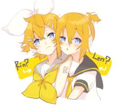 Rule 34 | 00s, 1boy, 1girl, alternate hairstyle, arm tattoo, bad id, bad twitter id, blonde hair, blouse, blue eyes, blush, bow, brother and sister, character name, commentary, cosplay, costume switch, embarrassed, hair between eyes, hair bow, hair ornament, hairclip, hairstyle switch, headphones, highres, kagamine len, kagamine rin, looking at viewer, messy hair, necktie, number tattoo, oyamada gamata, ponytail, sailor collar, shirt, short hair, shoulder tattoo, siblings, sleeveless, sleeveless shirt, sweat, tattoo, twins, upper body, vocaloid, white bow, yellow neckwear