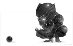 Rule 34 | 1boy, ball, black panther (marvel), cape, chibi, claws, double tens, full body, greyscale, male focus, marvel, mask, monochrome, panther, simple background, solo, squatting, superhero costume, t&#039;challa, white background