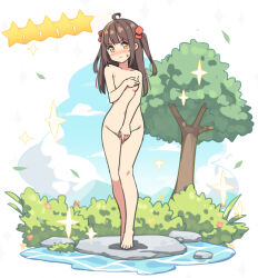 Rule 34 | 1girl, ahoge, barefoot, blue sky, blush, breasts, brown hair, closed mouth, cloud, collarbone, completely nude, covering privates, covering breasts, covering crotch, day, full body, groin, hatsunatsu, long hair, looking at viewer, nose blush, nude, orange eyes, original, sky, small breasts, solo, sparkle, standing, star (symbol), sweat, tree, two side up, v-shaped eyebrows, water, white background