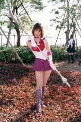 Rule 34 | 1girl, asian, bishoujo senshi sailor moon, boots, bow, brooch, cosplay, cosplay photo, holding, holding polearm, holding spear, holding weapon, knee boots, magical girl, over shoulder, photo (medium), polearm, purple footwear, purple skirt, red bow, sailor saturn, sailor saturn (cosplay), shoes, short hair, silence glaive, skirt, solo, spear, star brooch, tomoe hotaru, weapon, weapon over shoulder