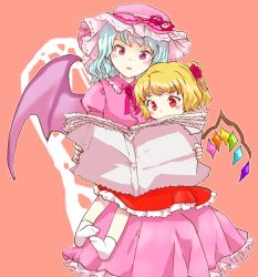 Rule 34 | 2girls, aged down, bat wings, blonde hair, blue hair, blush, chamaruk, child, dress, face, female focus, flandre scarlet, flower, hair flower, hair ornament, hat, multiple girls, newspaper, no headwear, open mouth, reading, red eyes, remilia scarlet, short hair, siblings, side ponytail, sisters, sitting, sitting on lap, sitting on person, touhou, wings