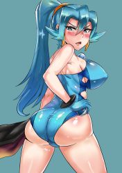 Rule 34 | 1girl, alternate color, angry, ass, bare shoulders, blue eyes, blue hair, blush, breasts, cameltoe, cape, clair (pokemon), covered erect nipples, creatures (company), from behind, game freak, gloves, highres, holding, holding poke ball, huge ass, large breasts, leotard, long hair, looking at viewer, nintendo, open mouth, poke ball, pokemon, pokemon hgss, ponytail, shiny clothes, shiny skin, sideboob, solo, very long hair, ytrall