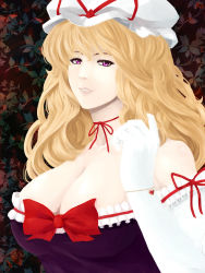 Rule 34 | 1girl, arm ribbon, bare shoulders, blonde hair, breasts, choker, cleavage, dress, elbow gloves, eyelashes, floral background, frilled gloves, frills, gloves, hand in own hair, hat, hat ribbon, highres, jewelry, large breasts, long hair, looking at viewer, mob cap, nose, ototarou, parted lips, pendant, pink lips, playing with own hair, purple dress, purple eyes, ribbon, ribbon choker, smile, solo, strapless, strapless dress, teeth, touhou, white gloves, yakumo yukari