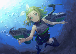 Rule 34 | 1girl, :t, air bubble, backlighting, bare arms, bare shoulders, black one-piece swimsuit, black thighhighs, blonde hair, bubble, closed mouth, commentary request, covered navel, crop top, day, diving, dutch angle, forehead, green eyes, hair ribbon, hair slicked back, hairband, holster, kantai collection, legs apart, looking at viewer, luigi torelli (kancolle), machinery, one-piece swimsuit, revision, ribbon, rigging, short hair, sleeveless, solo, submerged, sunlight, swimsuit, swimsuit skirt, tantaka, tareme, thigh holster, thigh strap, thighhighs, turret, underwater, v-shaped eyebrows, white hairband, white ribbon