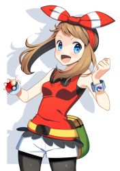 Rule 34 | 1girl, absurdres, bad id, bad pixiv id, belt, bike shorts, blush, bracelet, brown hair, cowboy shot, creatures (company), game freak, hair ribbon, hand up, happy, highres, holding, holding poke ball, jewelry, looking at viewer, may (pokemon), nintendo, open mouth, poke ball, poke ball (basic), pokemon, pokemon oras, pouch, ribbon, shadow, short under shorts, shorts, simple background, solo, tank top, white background, wimple background, yuihico