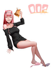 Rule 34 | 1girl, absurdres, bad anatomy, bad id, bad pixiv id, black choker, black dress, black sweater, blunt bangs, calligraphy brush (medium), character name, choker, closed eyes, collarbone, darling in the franxx, dress, dripping, drunk, eyelashes, eyeshadow, facing viewer, fang, food, food on face, full body, grin, hairband, highres, holding, honey, horns, invisible chair, long hair, long sleeves, makeup, moonlit, nail polish, off shoulder, oni horns, pink eyeshadow, pink hair, pink lips, pink nails, pitcher (container), red horns, short dress, simple background, single bare shoulder, single slipper, sitting, sleeves past wrists, slippers, smile, solo, sweater, sweater dress, teeth, white background, zero two (darling in the franxx)