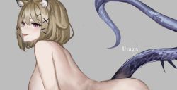 Rule 34 | 1girl, animal ear fluff, animal ears, arknights, ass, blonde hair, breasts, completely nude, grey background, hair ornament, hairclip, huge breasts, magenta eyes, nashidrop, nude, platinum blonde hair, short hair, simple background, solo, tail, tongue, tongue out, utage (arknights)