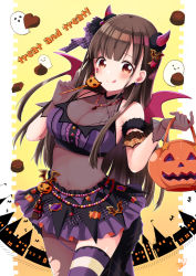 Rule 34 | 1girl, :q, azuma yuki, bare shoulders, blush, breasts, brown gloves, brown hair, brown thighhighs, chocolate, cleavage, closed mouth, commentary request, crop top, demon girl, demon horns, demon wings, frilled skirt, frills, ghost, gloves, halloween bucket, holding, horns, idolmaster, idolmaster shiny colors, long hair, medium breasts, navel, pantyhose, polka dot, polka dot skirt, purple skirt, red eyes, red wings, see-through, single leg pantyhose, single thighhigh, skirt, smile, solo, sonoda chiyoko, striped clothes, striped thighhighs, thighhighs, tongue, tongue out, torn clothes, torn legwear, trick or treat, very long hair, wings