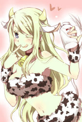 Rule 34 | 00s, 1girl, :q, ;q, animal costume, animal ears, animal print, armpits, bad id, bad pixiv id, bare shoulders, bell, blonde hair, blue eyes, bottle, breasts, cleavage, cow costume, cow ears, cow horns, cow print, earrings, finger to mouth, fullmetal alchemist, holding, horns, jewelry, kemonomimi mode, large breasts, leaning forward, long hair, midriff, milk, mitsu yomogi, navel, one eye closed, solo, tail, tongue, tongue out, wink, winry rockbell
