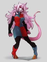 Rule 34 | 1girl, android 21, asymmetrical footwear, black nails, black sclera, blue footwear, boots, breasts, checkered clothes, checkered dress, colored sclera, colored skin, commentary request, dragon ball, dragon ball fighterz, dress, earrings, full body, grey background, hoop earrings, jewelry, kemachiku, long hair, looking at viewer, majin android 21, mask, medium breasts, mismatched footwear, mouth mask, nail polish, pantyhose, pink hair, pink skin, pointy ears, red eyes, red footwear, simple background, solo, standing, surgical mask, tail, uneven footwear