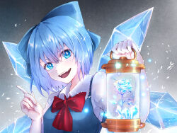 Rule 34 | 1girl, :d, akane (a reddam), blue dress, blue eyes, blue flower, blue hair, bow, bowtie, breasts, cirno, dress, fingernails, flower, gradient background, grey background, hair between eyes, highres, holding, holding lantern, ice, ice wings, index finger raised, lantern, looking at viewer, open mouth, red bow, red bowtie, rose, short hair, simple background, small breasts, smile, solo, teeth, touhou, upper body, upper teeth only, wing collar, wings