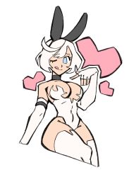 Rule 34 | 1girl, bare shoulders, black choker, blue eyes, breasts, choker, cleavage, covered navel, elbow gloves, elphelt valentine, fingerless gloves, gloves, guilty gear, guilty gear xrd, heart, highres, large breasts, leotard, one eye closed, playboy bunny, rabbit ears, smile, solo, starrymarii, thick thighs, thighs, tongue, tongue out, white gloves, white hair, white leotard